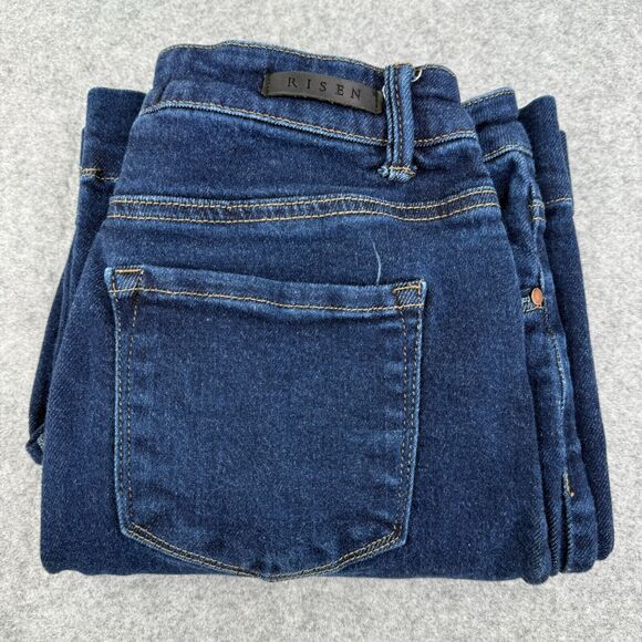 Risen Women's High Rise Wide Leg Cropped Button Fly Jeans 9/29 Blue Stretch Dark - Picture 1 of 8